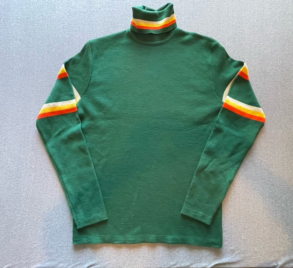 Vintage Mens Meister Green,white and orange Turtle Neck Sweater Small